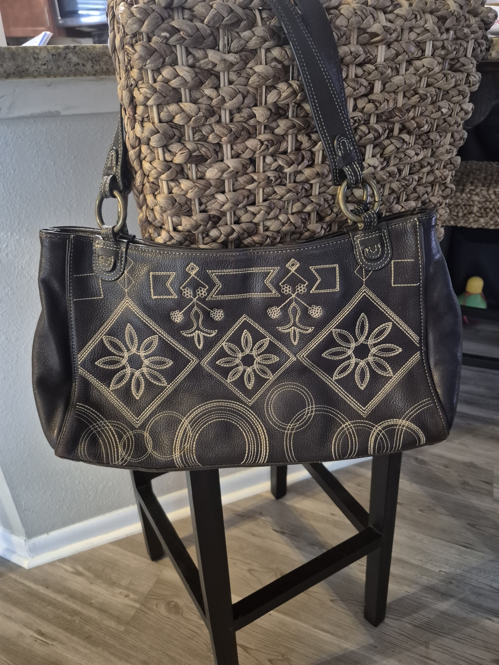 ANTONIO MELANI Brown Tote with Cream Contrast Embroidery Stitching